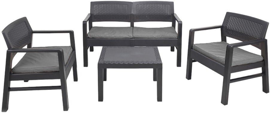 Dmora Innen- und Aussenlounge bestehend aus: 2 Sesseln, 1 Zweisitzer-Sofa und 1 Couchtisch, mit Kiss
