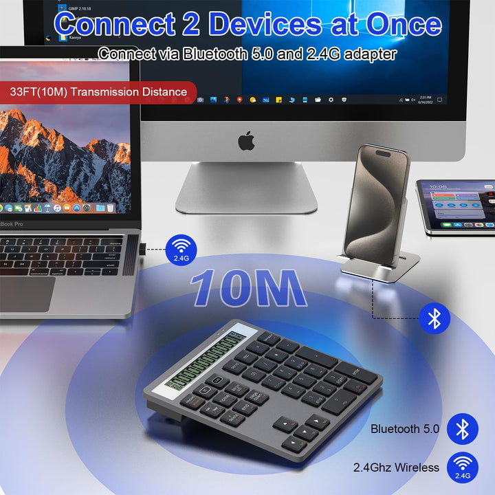 2-in-1 Ziffernblock mit Taschenrechner, 34 Leise Tasten Bluetooth 5.0&2.4G Numpad für Windows/Mac/iO