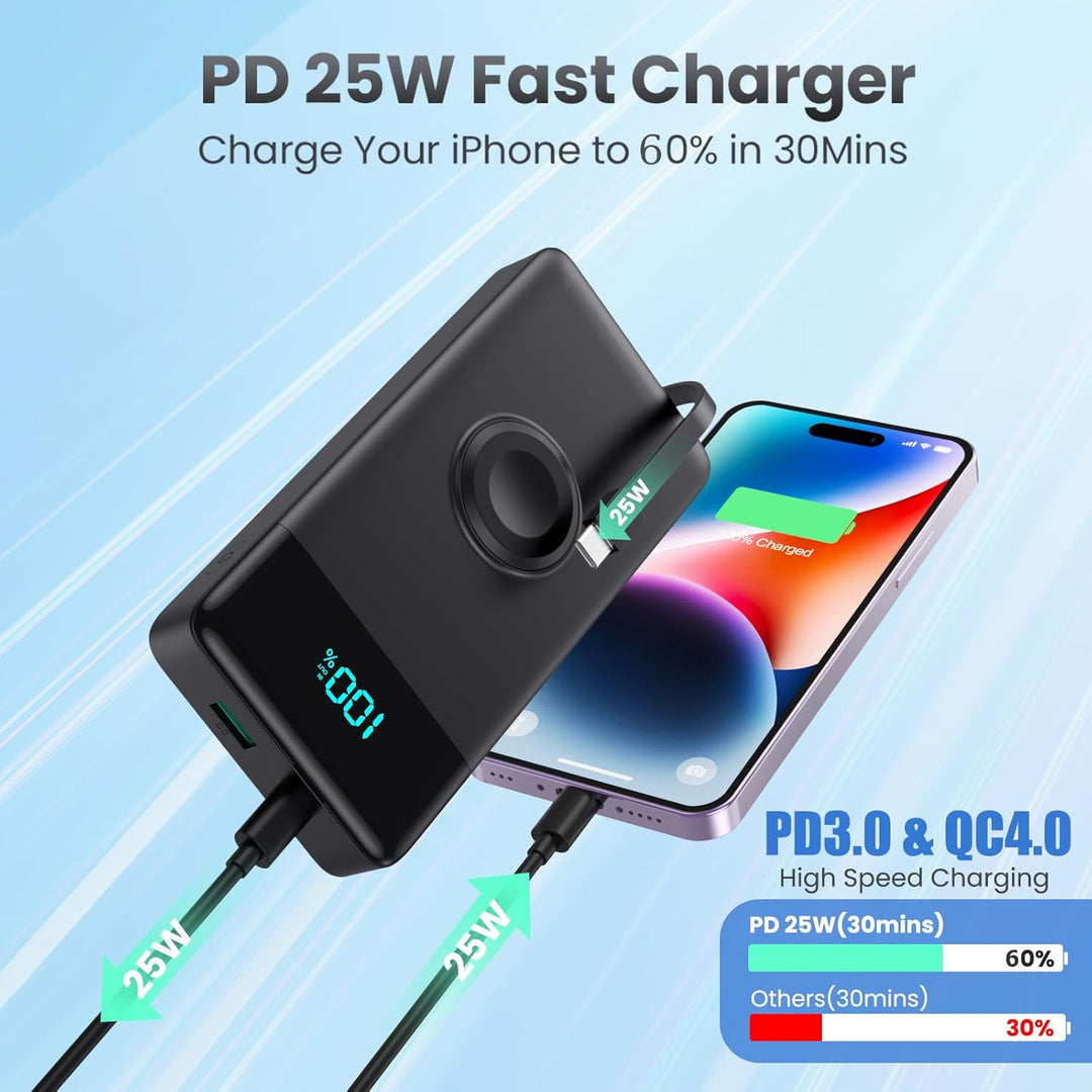 Powerbank 10800mAh mit Kabel Integrierten & Ladegerät für Apple Watch, 6-in-1 Power Bank PD 25W+QC4.