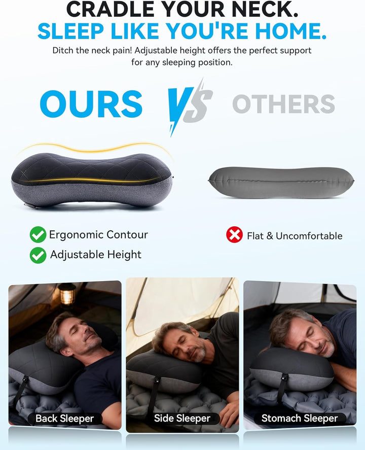 HIKENTURE Aufblasbares Camping/Reise Kissen mit Abziehbarem Kissenbezug, Ergonomisches Kopfkissen, K