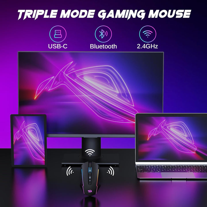 Redragon Gaming Maus Kabellose,RGB 2.4G/USB-C/Bluetooth Maus,Wiederaufladbare mit 9 Programmierbare