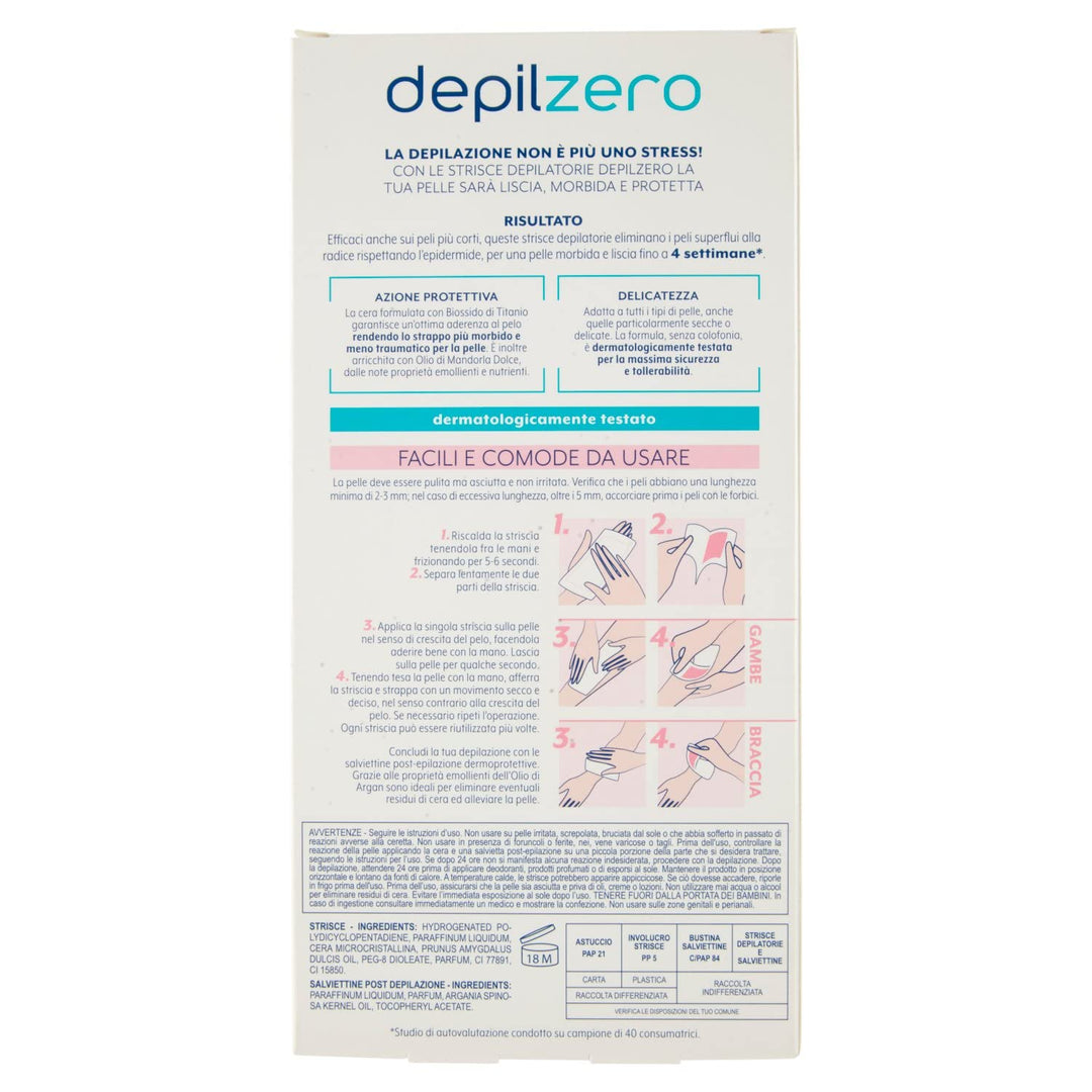 Depilzero Epilierstreifen Beine und Arme, 20 Streifen + 4 Tücher