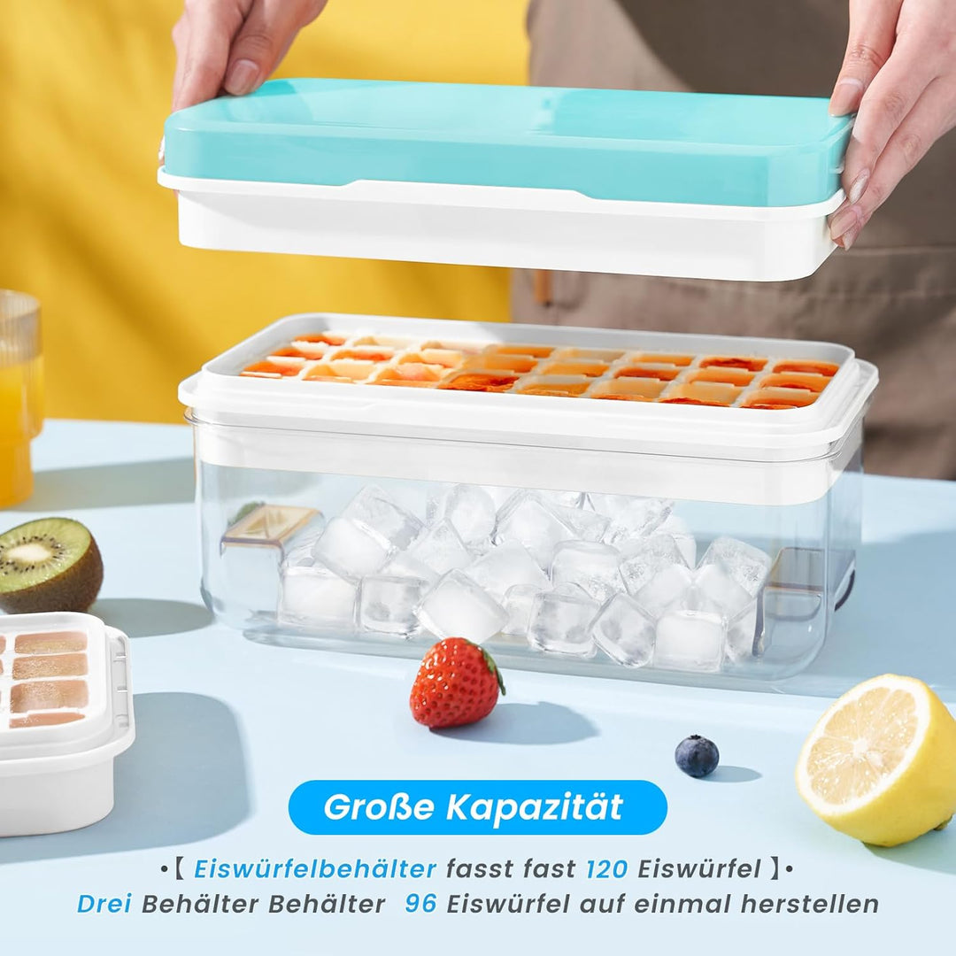 Eiswürfelform, Eiswürfelbehälter, 96 Stück Eiswürfel, Eiswürfelform Mit Deckel, Mit 3 Tablett, Einfa