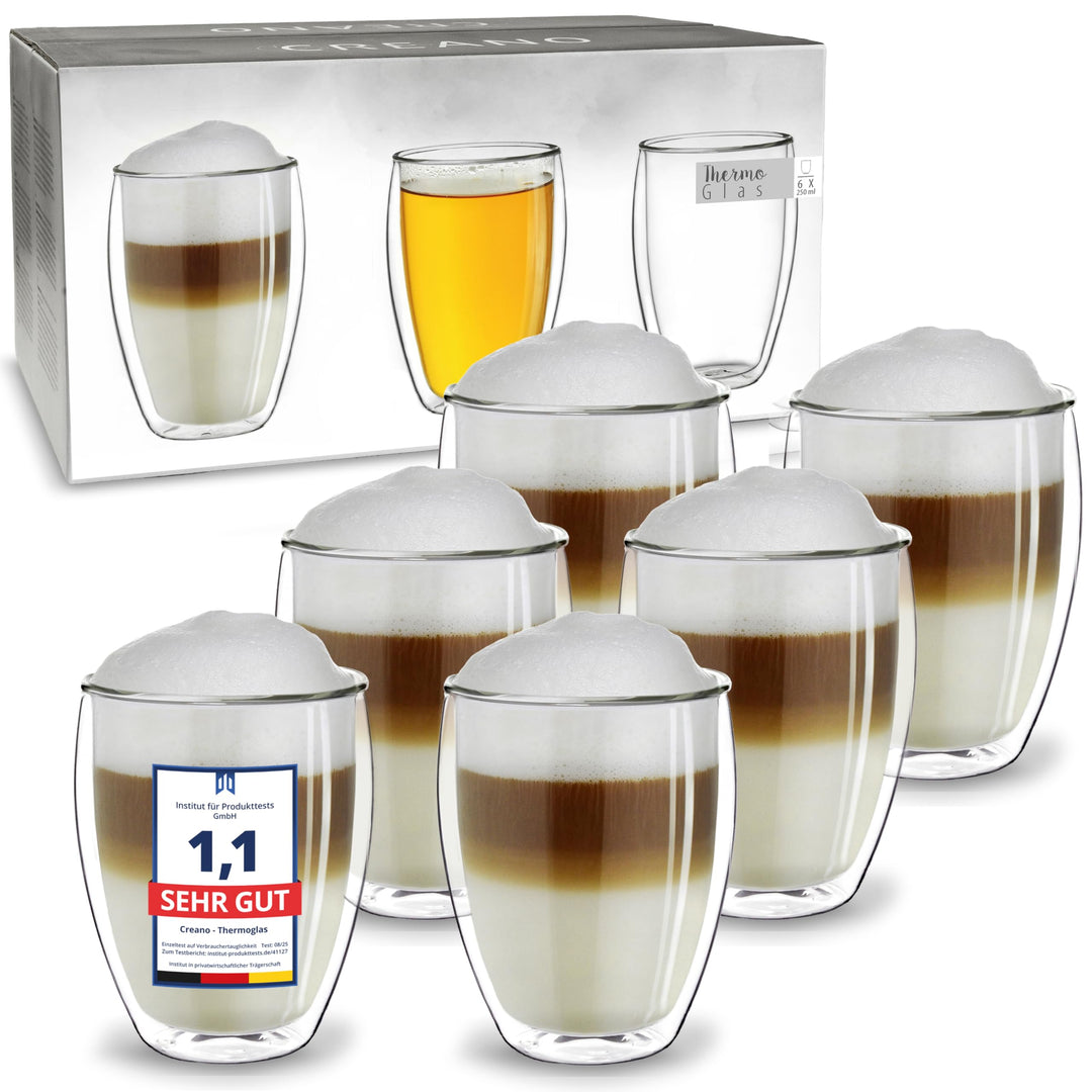 Creano doppelwandige Gläser 250ml - Glas Becher doppelwandig - Thermoglas - Doppelwandgläser im 6er