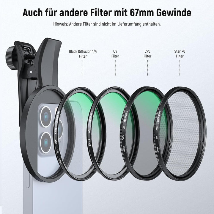 NEEWER 67 mm Variabler ND Filter, aufsteckbarer ND2-32 Neutraldichtefilter für Smartphone Objektive,