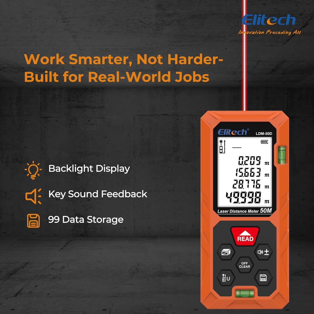 Elitech LDM-50-Series Laser Entfernungsmesser 50m Reichweite, ±2mm Genauigkeit, Flächen-/Volumen-/Py