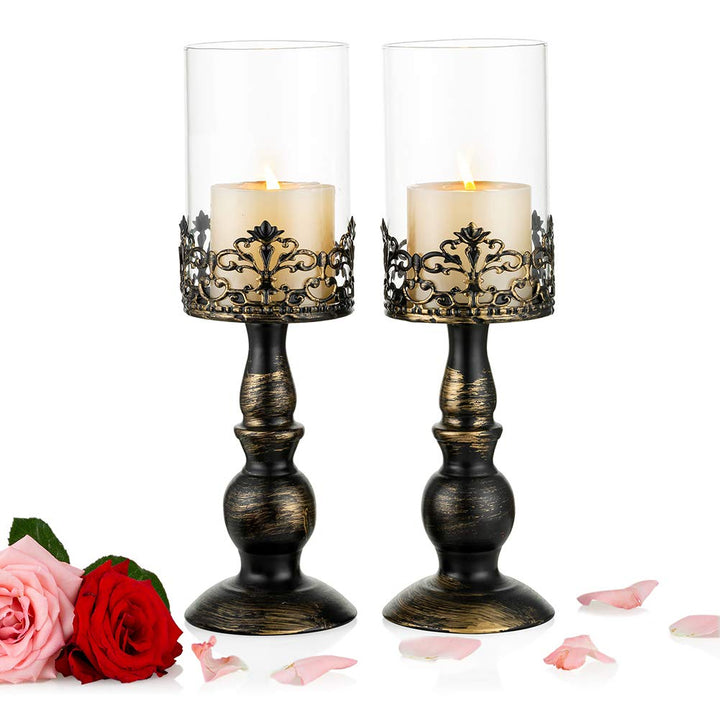NUPTIO 2 Stück Vintage Kerzenhalter für Tische Kerzenhalter aus Schwarzer Säule mit Glasschirmabdeck
