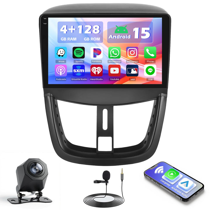 Hikity 4+128G Autoradio für Peugeot 207 2006-2015, 9" Incell Bildschirm Radio mit Wireless CarPlay A