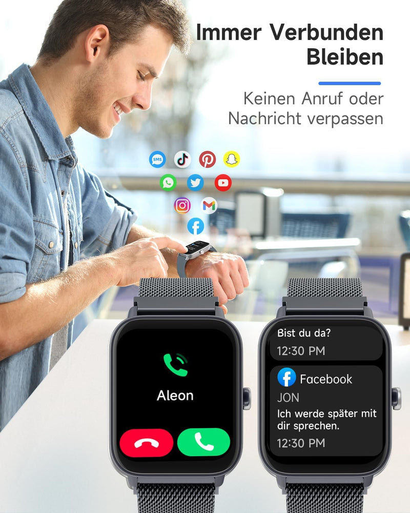 TOOBUR Smartwatch Damen Herren mit Alexa und Telefonfunktion, 1,8" Fitnessuhr mit 100 Sports, 24/7 P