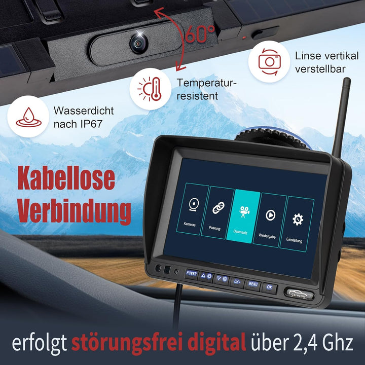Solar Funk Auto Rückfahrsystem HD für Wohnmobil, Wohnwagen, Anhänger, Transporter, Rückfahrkamera mi