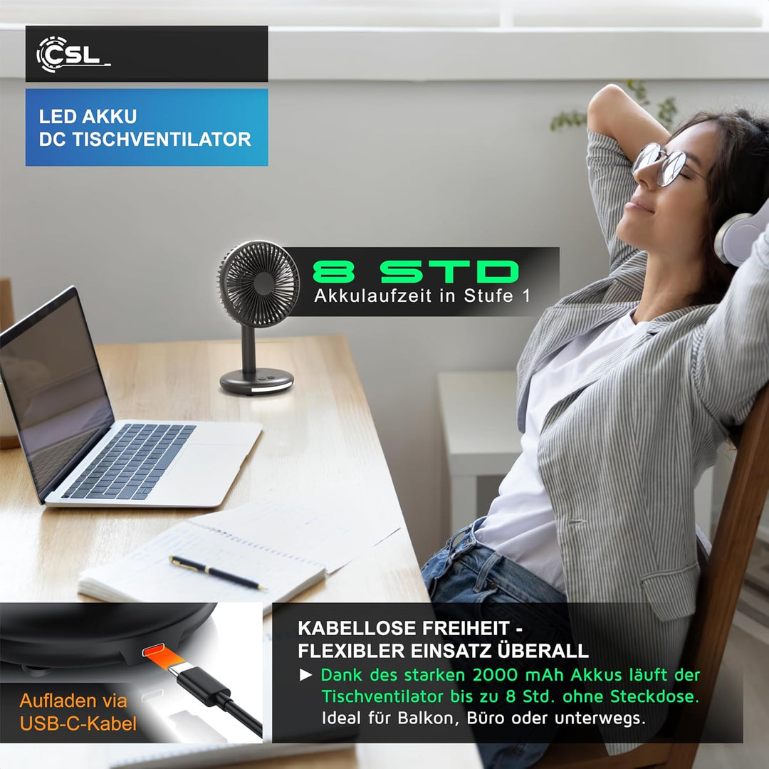 CSL - Akku Tischventilator kabellos - mit Akku – USB Mini Ventilator – DC Motor Brushless silent seh