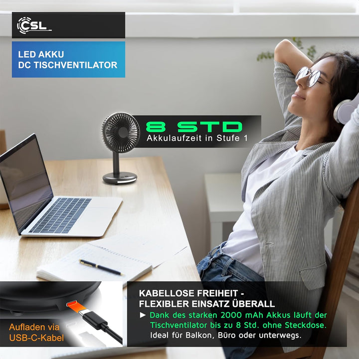 CSL - Akku Tischventilator kabellos - mit Akku – USB Mini Ventilator – DC Motor Brushless silent seh
