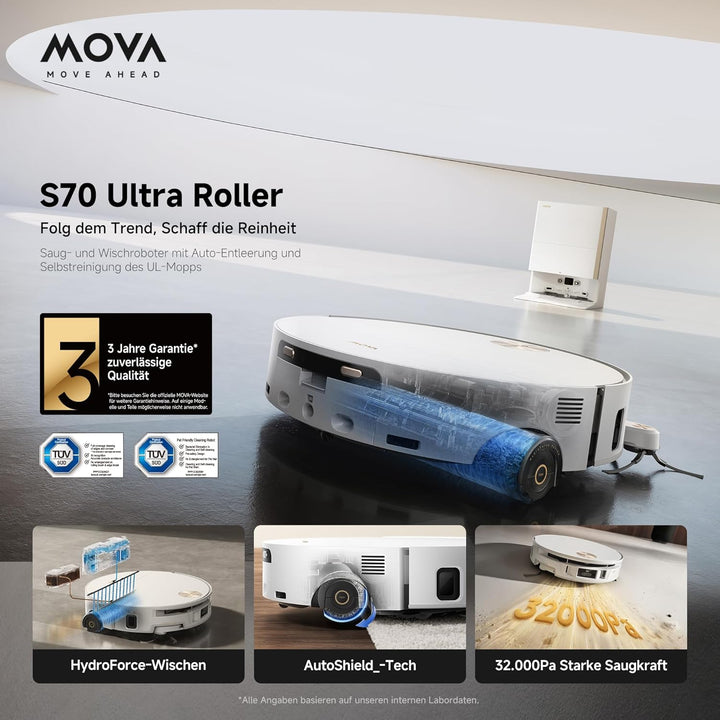Mova S70 Ultra Roller Saugroboter mit 32.000Pa Saugkraft und HydroForce-Wischen, CovertSense-Navi, A