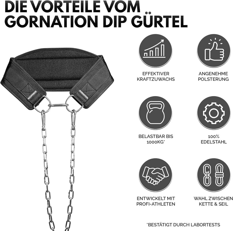 GORNATION® Dip Gürtel bis 1000kg belastbar | Befestigung von Zusatzgewicht mit Kette für Fitness, Ca