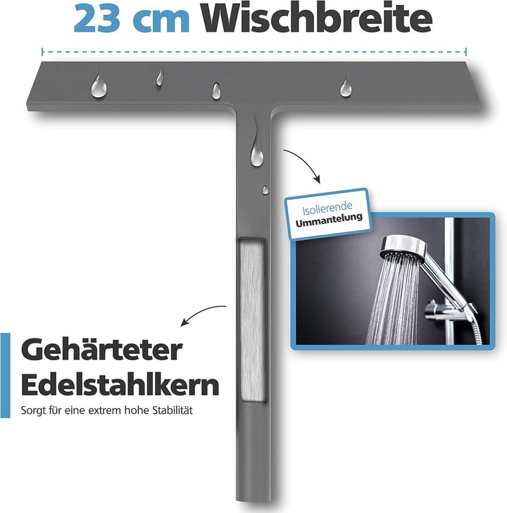 Duschabzieher Silikon Grau 23 cm Wischbreite - Scheibenabzieher mit Halterung - Duschkabinenabzieher