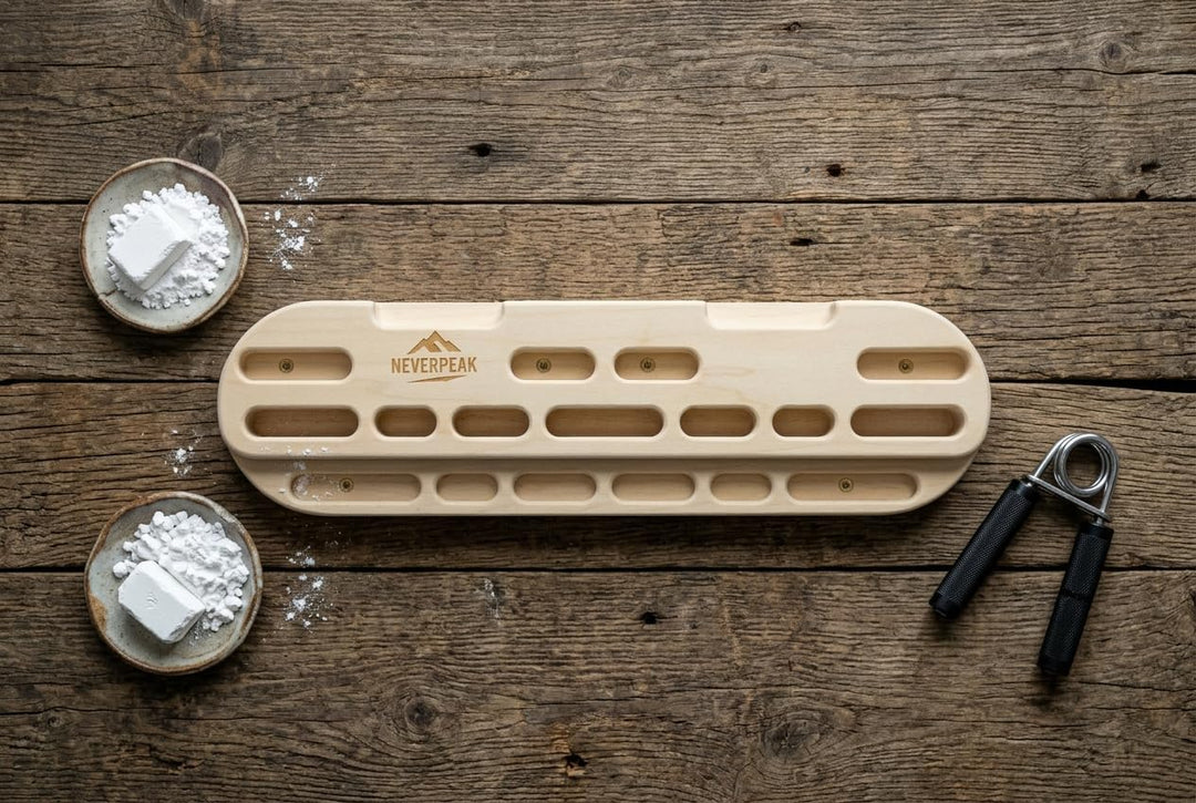 NEVERPEAK Hangboard aus Holz – Trainingsboard für Kletterer & Boulderer • Fingerkraft & Griffkraft v