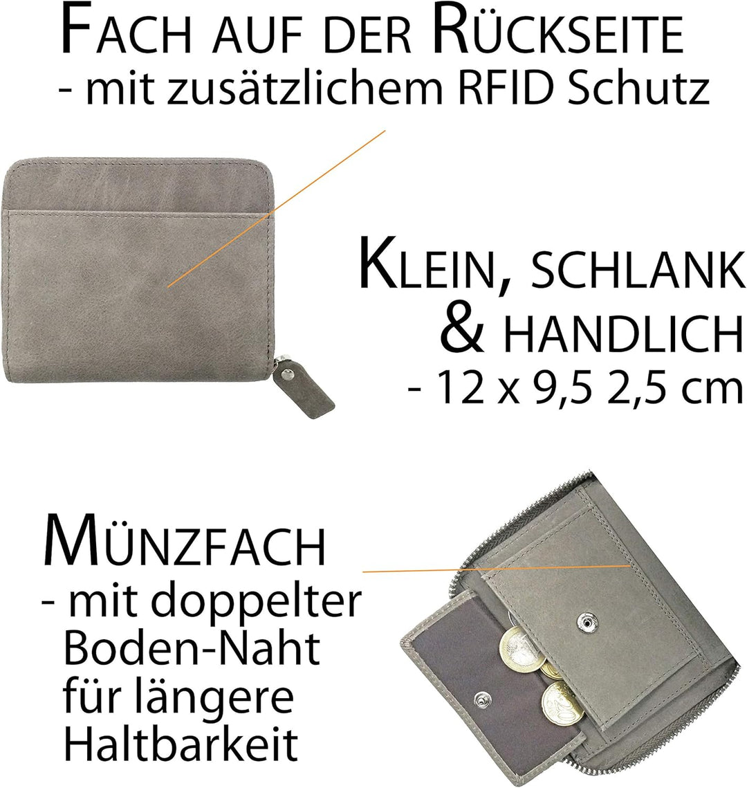 Damen Portemonnaie, Oil-Wax-Leder, grau, Reissverschluss, Münzfach, RFID Schutz - Geldbörse klein, P