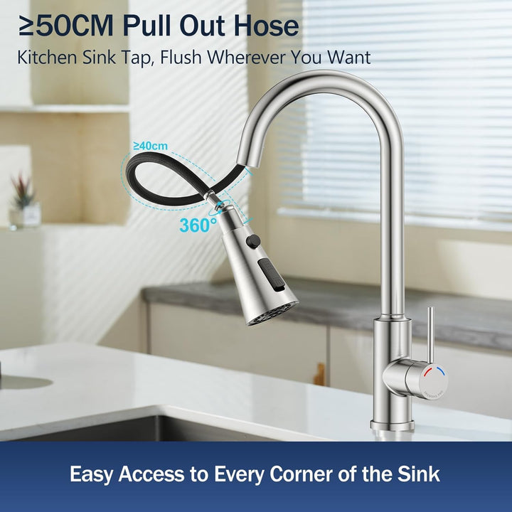 Küchenarmatur mit Ausziehbrause, 3 Strahlarten Wasserhahn Küche 360° Schwenkbar, Edelstahl SUS304 Sp
