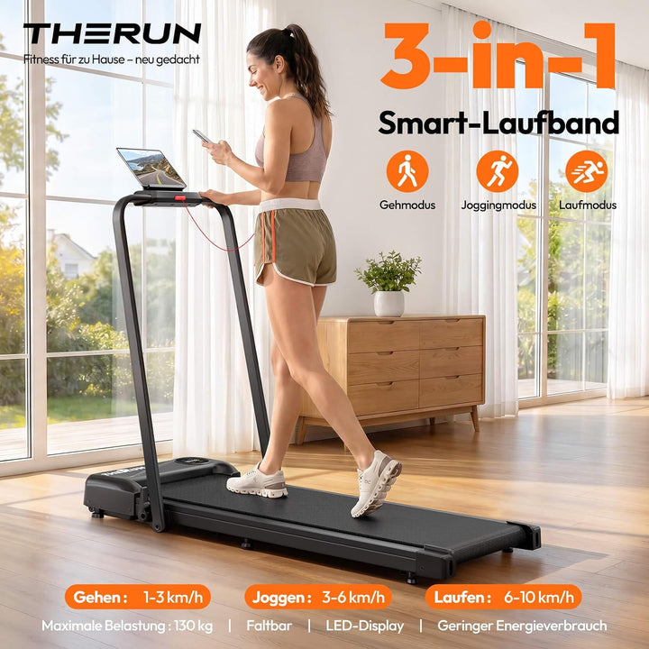 THERUN Walking Pad Laufband leise,Treadmill klappbares bis 10 km/h Schwarz, Schwarz