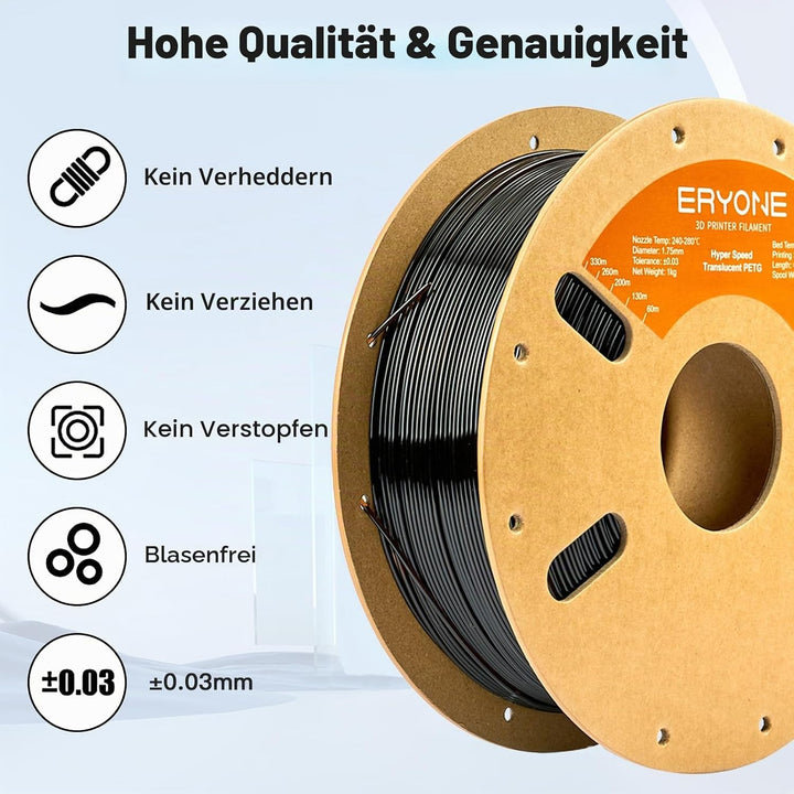 ERYONE High Speed Translucent PETG Filament 1.75mm +/- 0.03mm, 3D Drucker Filament, 30-500mm/s Hyper