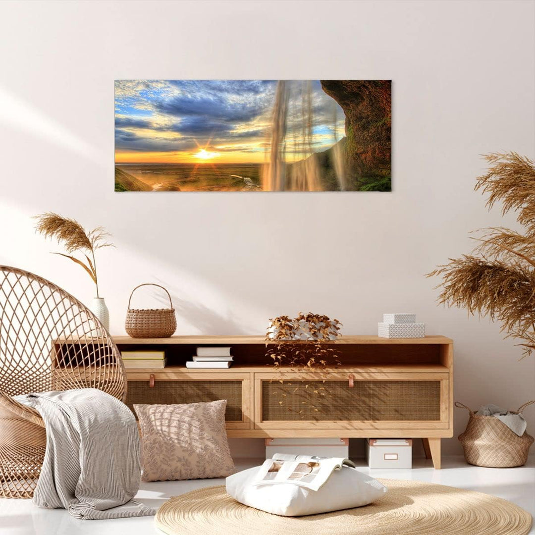 Wandbilder Dekoration Wohnzimmer Wasserfall Natur Park Sonne Panorama Bilder auf Leinwand 120x50cm L