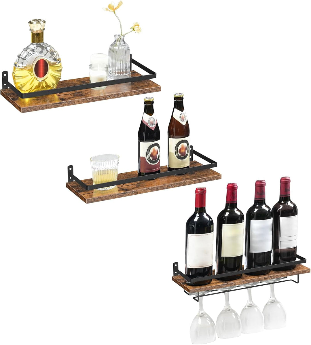 HOOBRO Wandmontierte Weinregale 3er Set, Weinregale, Hängende schwimmende Wandregale, Weinglas-Flasc