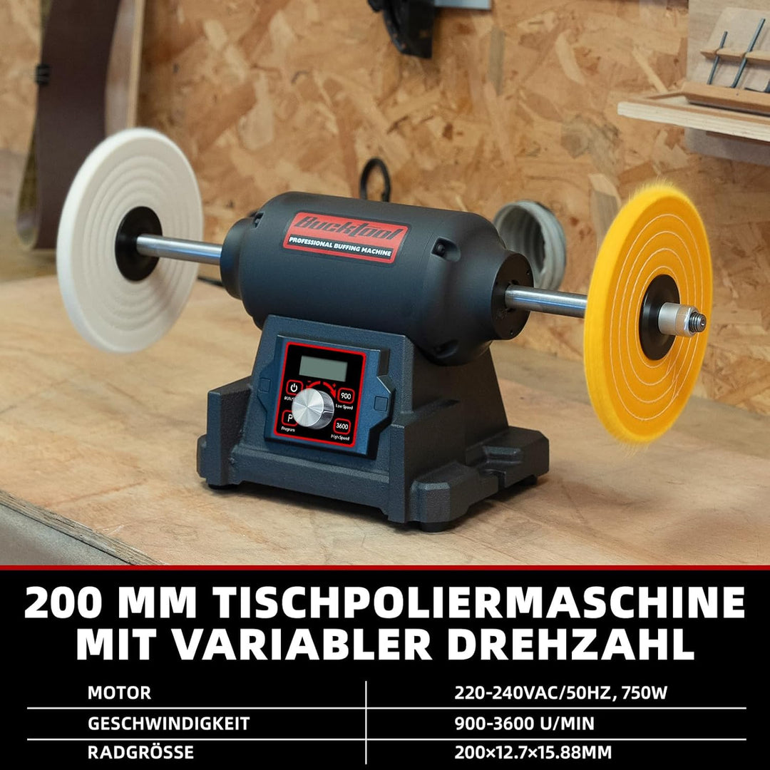 BUCKTOOL 750W Tischpoliermaschine mit VFD-Motor, 200-mm-Tischpolierkopf mit variabler Drehzahl, 900–