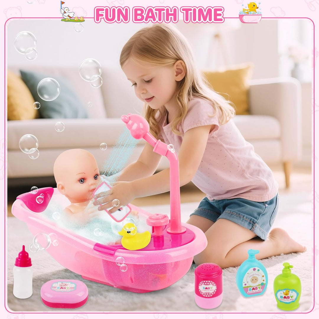 deAO Baby Puppe mit Badewanne und Zubehör, 30cm Badepuppe für Mädchen | mit Funktionierender Dusche