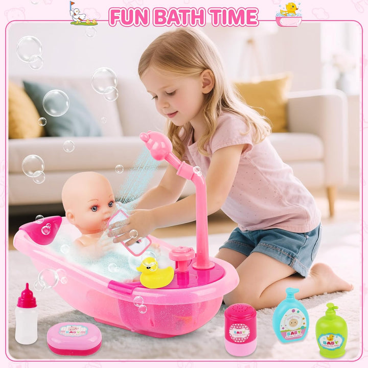 deAO Baby Puppe mit Badewanne und Zubehör, 30cm Badepuppe für Mädchen | mit Funktionierender Dusche