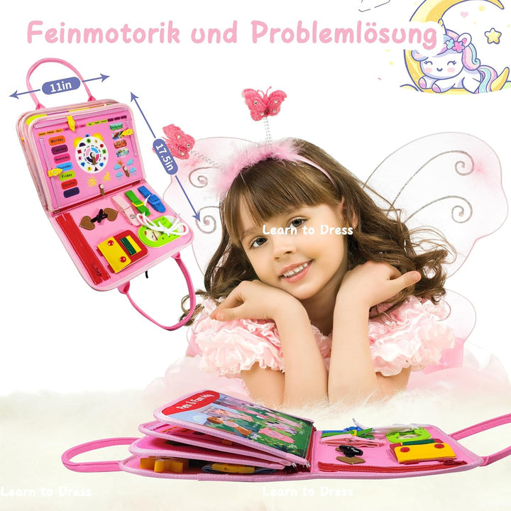 TenFans Montessori Spielzeug ab 3 Jahr – Einhorn Busy Board für Feinmotorik & Sensorik – Reisespielz