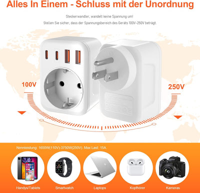 2 Pack USA Adapter Steckdose, 5-In-1 Adapter USA Deutschland Stecker mit 1 AC 2 USB-C 2 USB-A (3.4A)