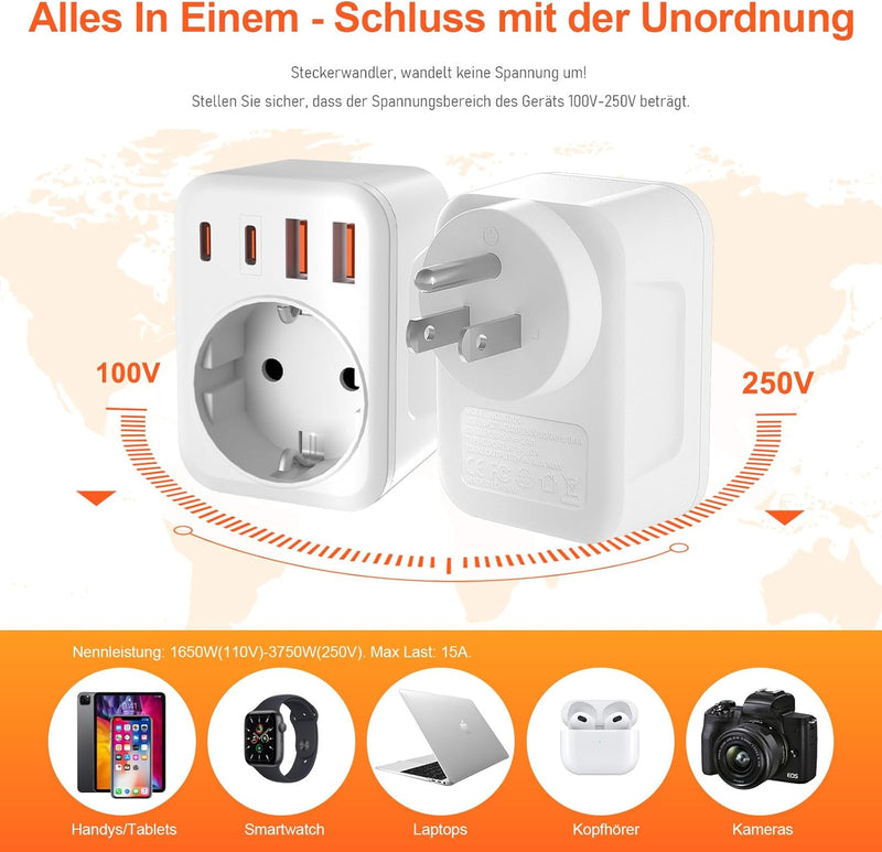 2 Pack USA Adapter Steckdose, 5-In-1 Adapter USA Deutschland Stecker mit 1 AC 2 USB-C 2 USB-A (3.4A)