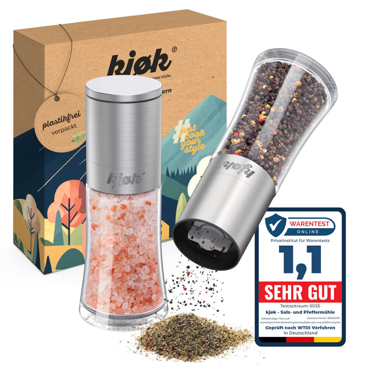 kjøk Premium Salz und Pfeffermühle Edelstahl gebürstet, Glas und BPA - 2er Set Gewürzmühle mit Keram