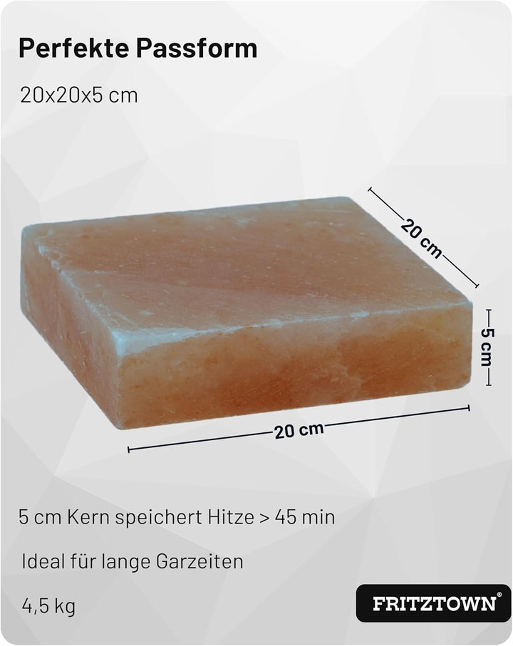 FRITZTOWN® Deluxe XL Grill Salzstein - 20x20x5 cm - 4,4 kg - Extra Stark - Feiner Geschmack durch Kr