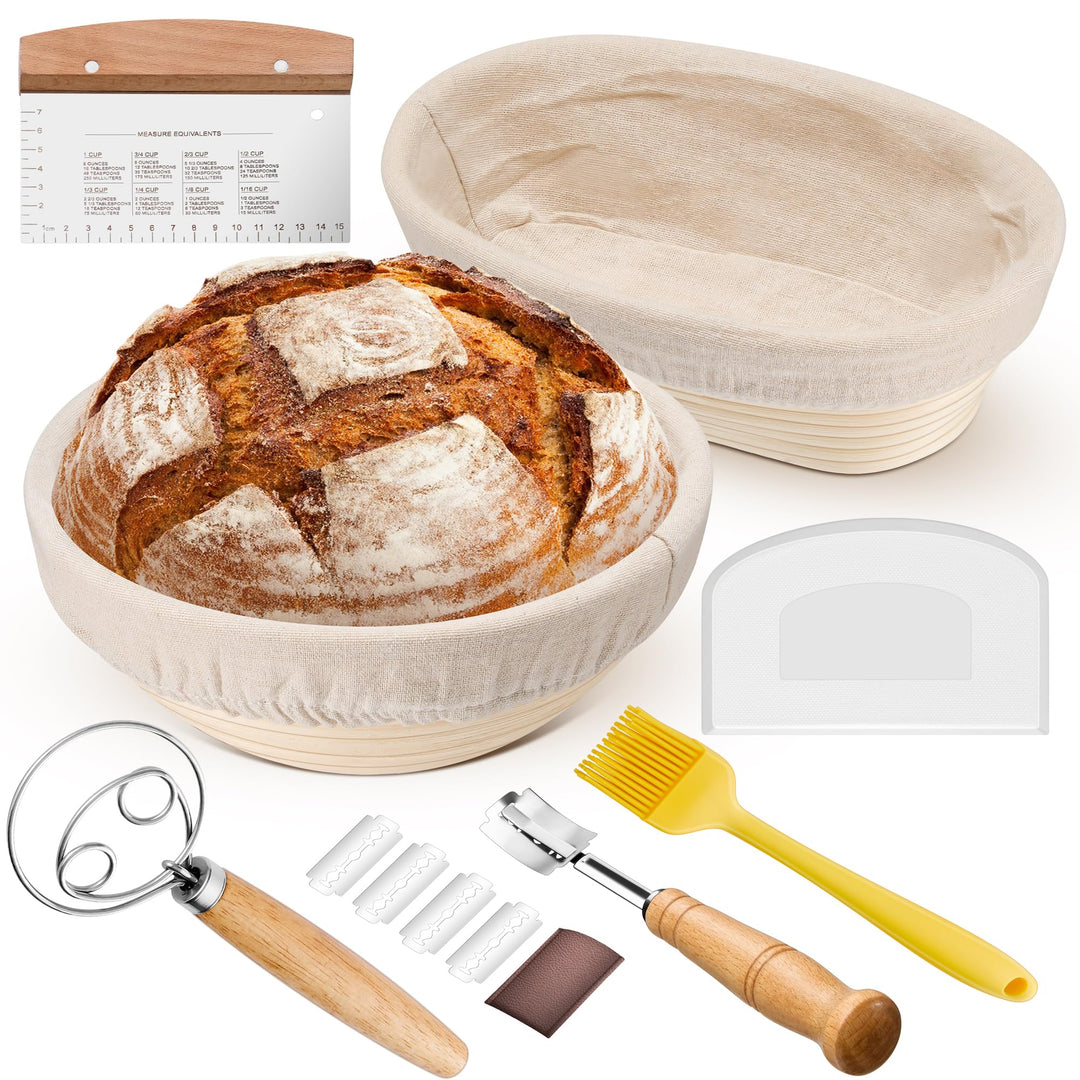 HaWare Gärkörbchen, Gärkorb Brot Set (25cm Oval & 23cm Rund) mit Futter, Bäckermesser, Dänischer Sch