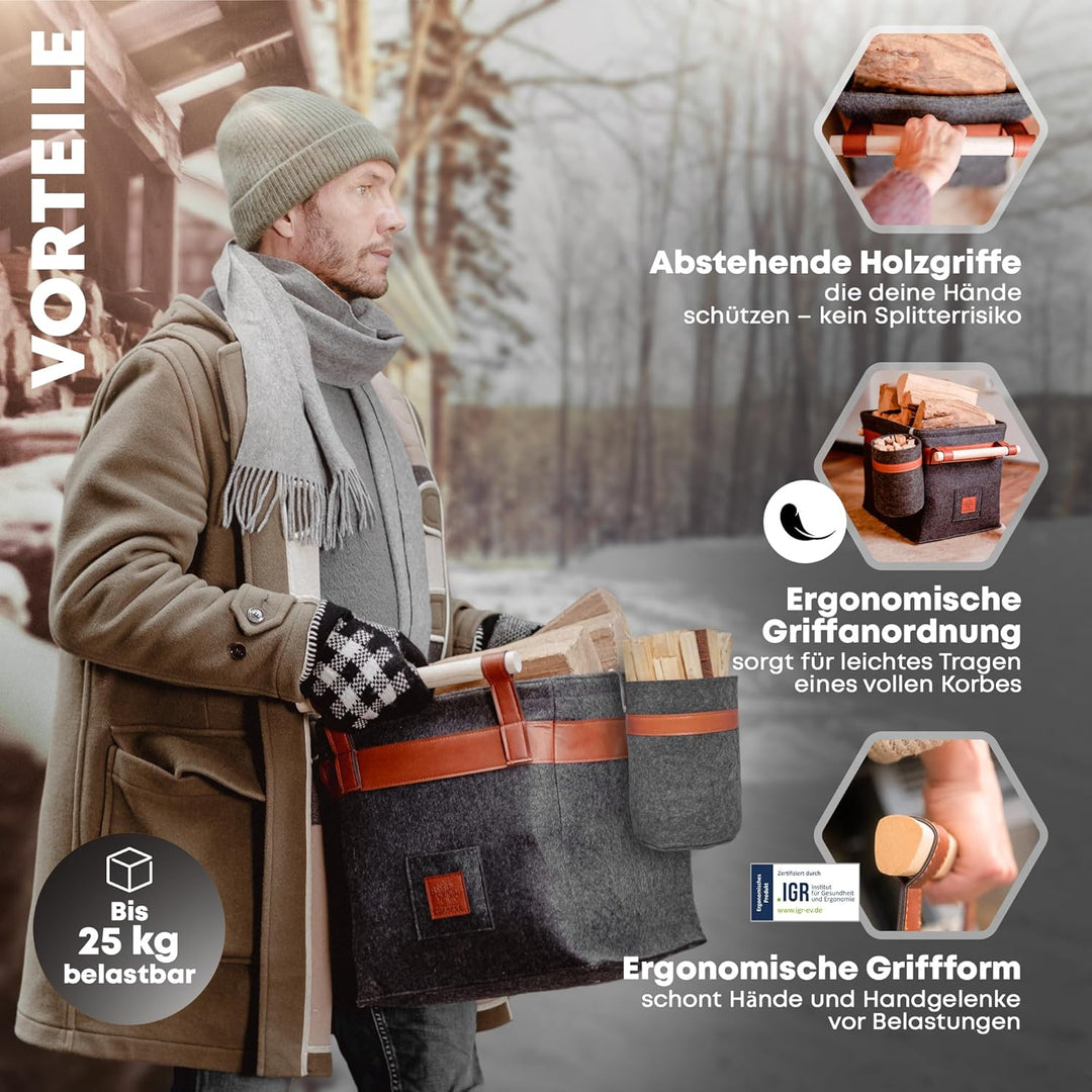OAKAGE® Holzkorb für Kaminholz Gross mit Zündholzkorb [Integrierter Metallrahmen für Zusatzstabilitä