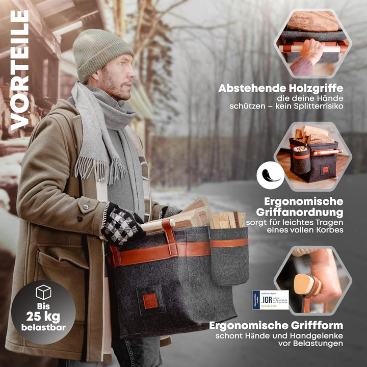 OAKAGE® Holzkorb für Kaminholz Gross mit Zündholzkorb [Integrierter Metallrahmen für Zusatzstabilitä