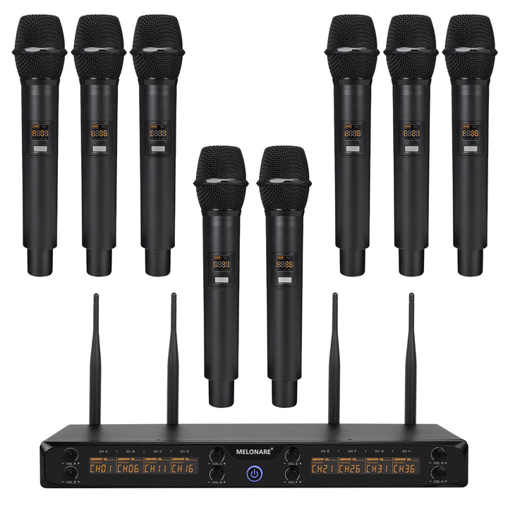 MELONARE 8-Kanal UHF 500MHz Funkmikrofonsystem MWM-81F-8H | 8 x 5 Frequenzen, 73,2 m Reichweite, dyn