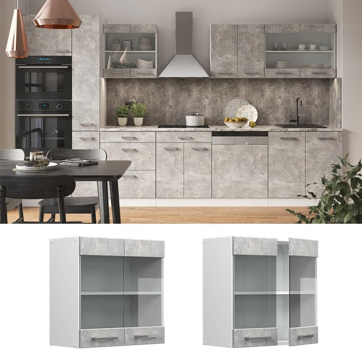 Vicco Küchenschrank Glas R-Line, Beton/Weiss, 60 cm Beton Hängeglasschrank 60cm, Beton Hängeglasschr