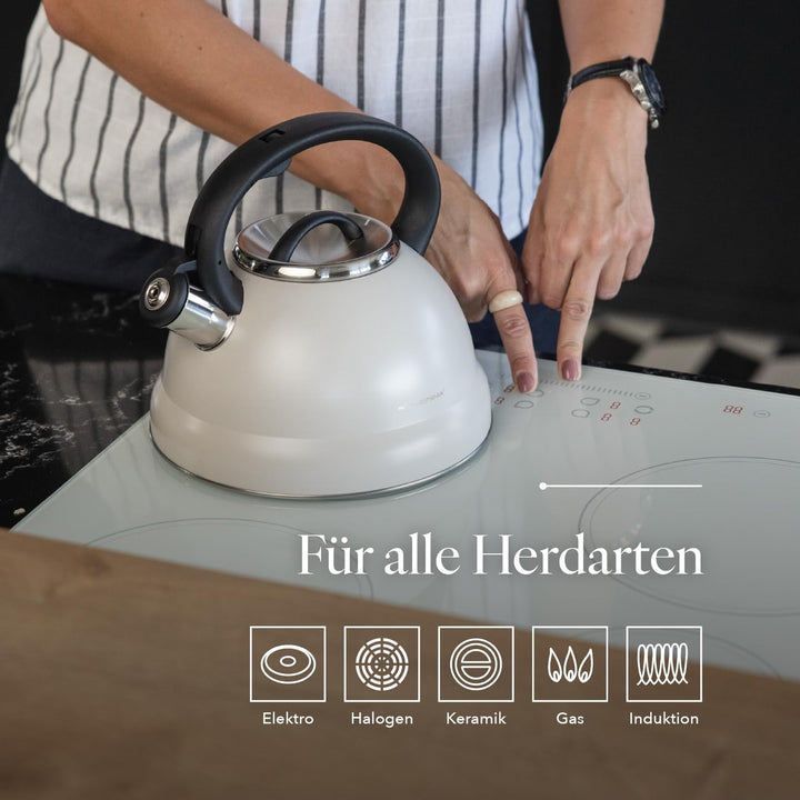 FLORINA Wasserkessel (2,5 l) | Edelstahl Teekessel JACOB | Flötenkessel mit Bakelit Griff & Pfeifton