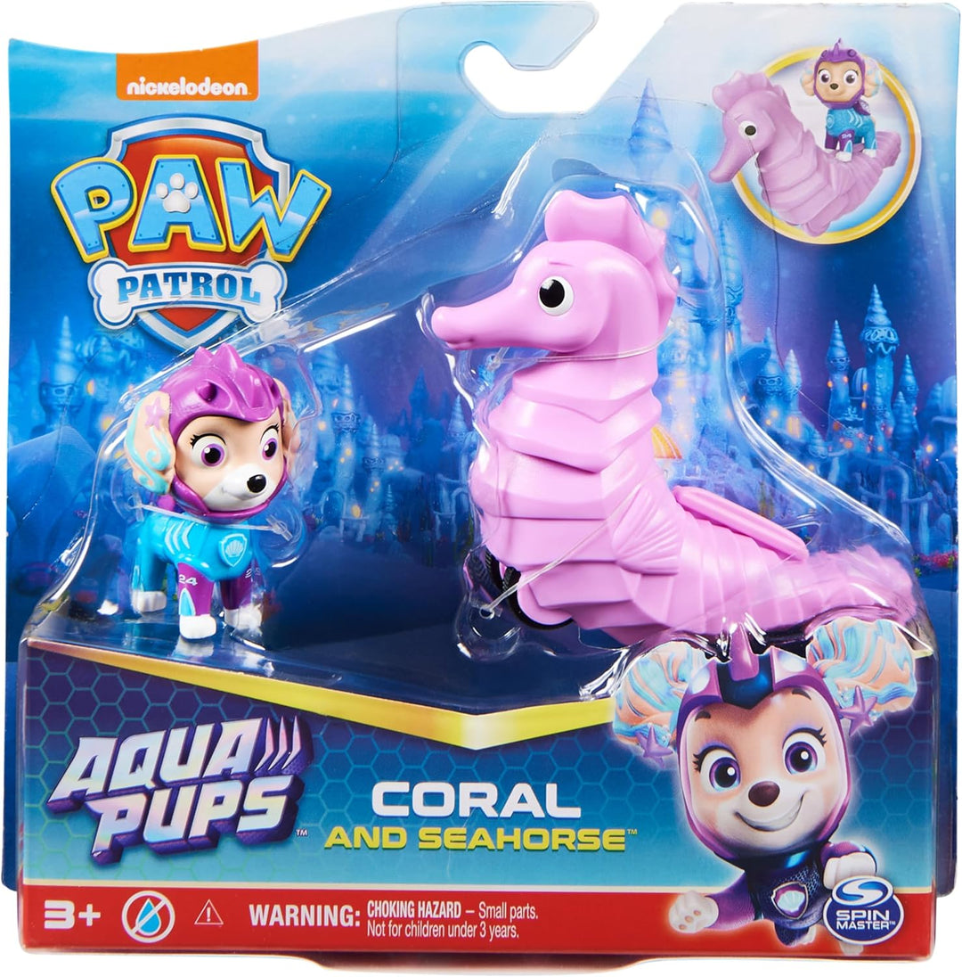 Paw Patrol, Aqua Pups - Hero Pups Actionfiguren-Set mit 1 Coral Welpenfigur und 1 Seepferd Figur, Sp