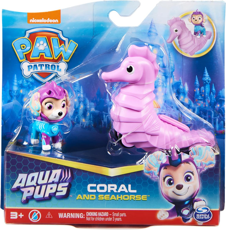 Paw Patrol, Aqua Pups - Hero Pups Actionfiguren-Set mit 1 Coral Welpenfigur und 1 Seepferd Figur, Sp