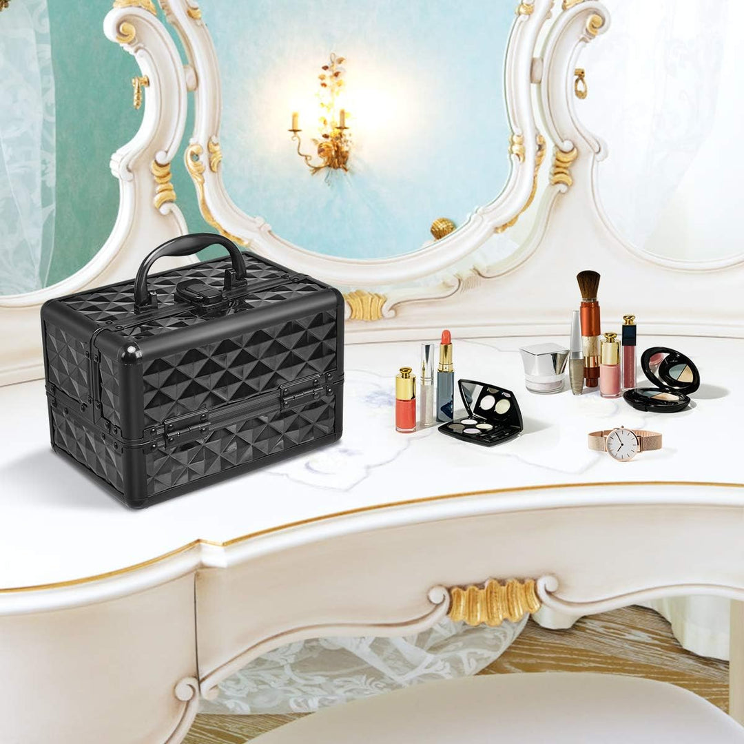 GOPLUS Kosmetikkoffer, Schminkkoffer leer mit Spiegel &amp; 2 ausziehbare Ablagen, Makeup Oragnizer trag
