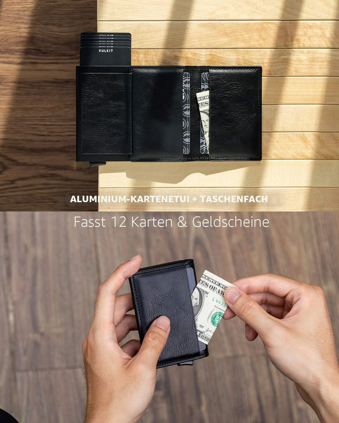 VULKIT Kreditkartenetui für Herren Geldbörse Leder RFID Schutz Geldbeutel Wallet Klein mit 3 Steckpl