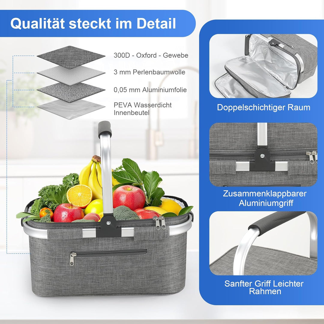 Nagoyuki 30L Einkaufskorb, Kühltasche, Faltbarer Kühlkorb, Doppellagige Einkaufstasche, Praktischer