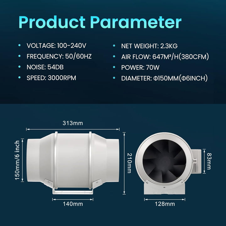 HG Power Inline-Kanalventilator, 15,2 cm, Belüftung mit variabler Geschwindigkeitskontrolle, Abluftv