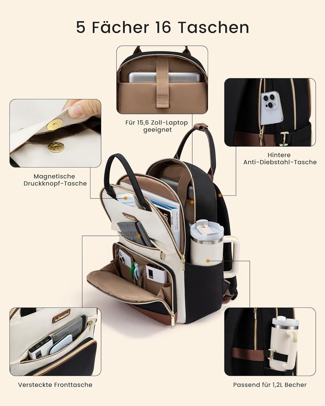 LOVEVOOK Rucksack Damen, 15.6 Zoll Laptop Schulrucksack Teenager mit Grossem Flaschenfach, Uni Schul