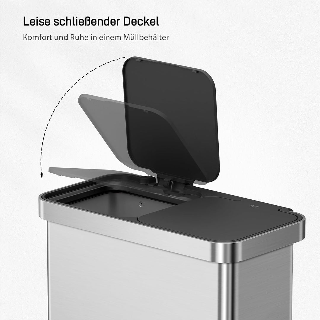 EKO Mülleimer 2 Fächer, 40 + 28 Liter, Edelstahl Tretmülleimer, 12 Müllsäcke, ein herausnehmbarer In