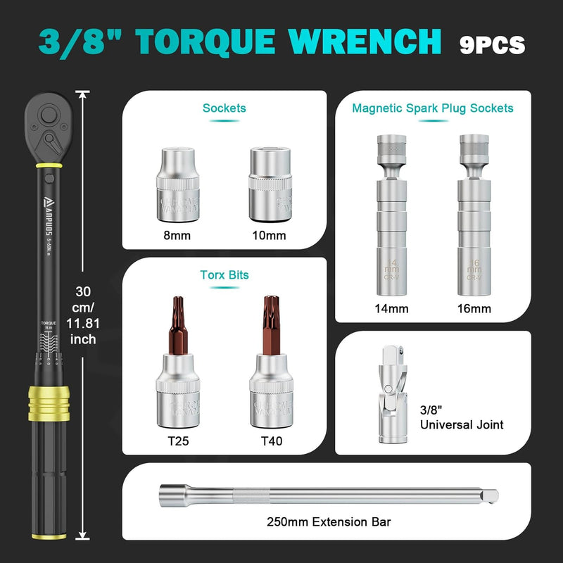 ANPUDS Drehmomentschlüssel 3/8", 5-60Nm Fahrrad & Motorrad Drehmomentschlüssel 9-tlg. Set mit 250mm
