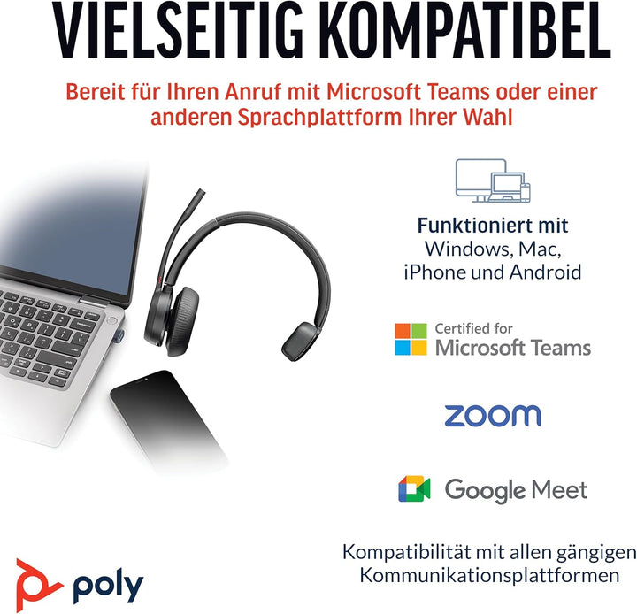 Schnurloses Headset Poly Voyager 4310 UC – Ein-Ohr-Bluetooth-Headset mit Noise Cancelling-Mikrofonar